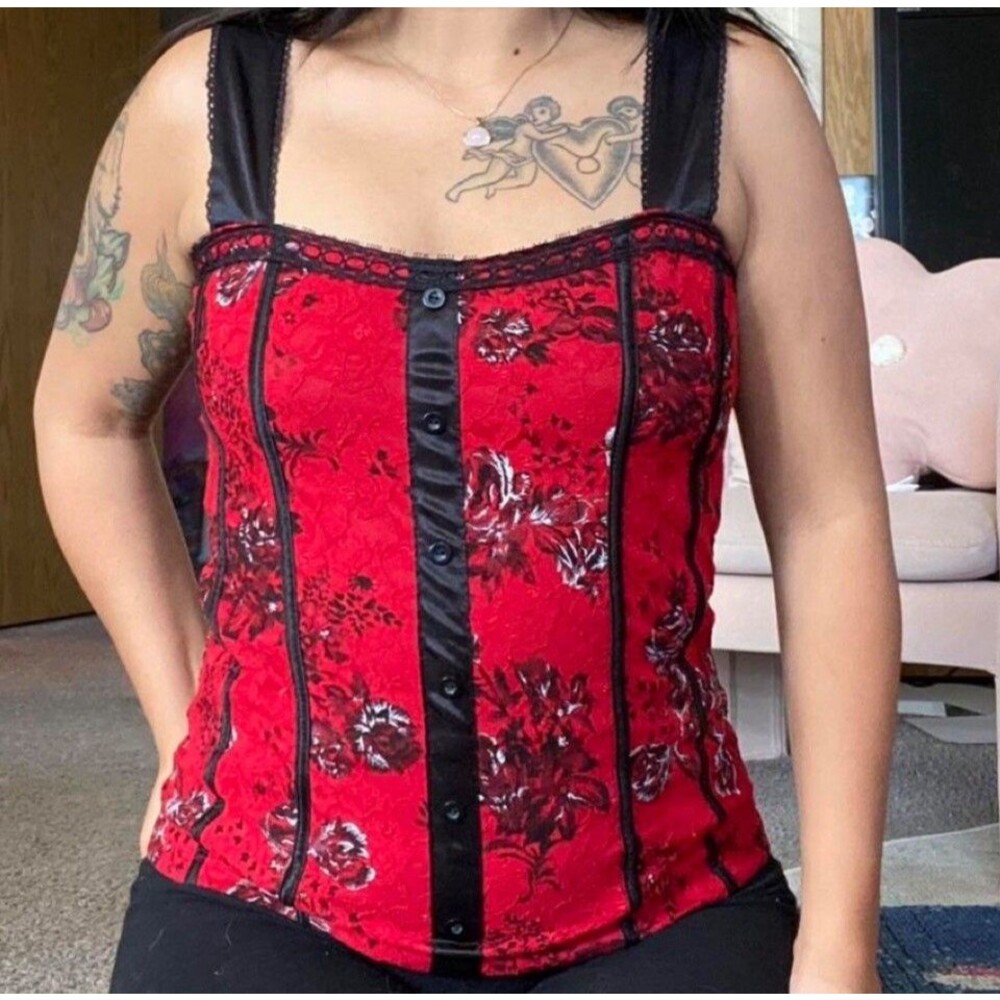 Women’s Pinkeli Red Black Button Up Lace Corset Top Dark Romantic Sexy NWOT 1X